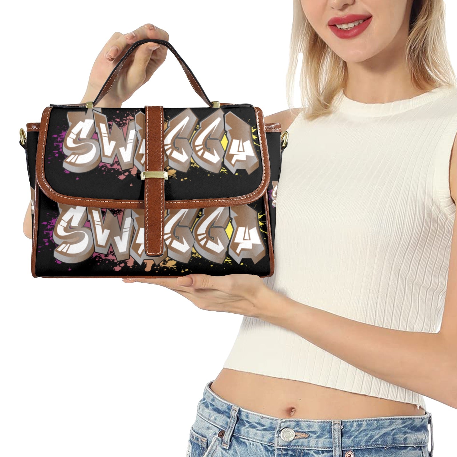 Black SWAGGA Satchel Multi-Function Leather Satchel-Brown (Model 1739)