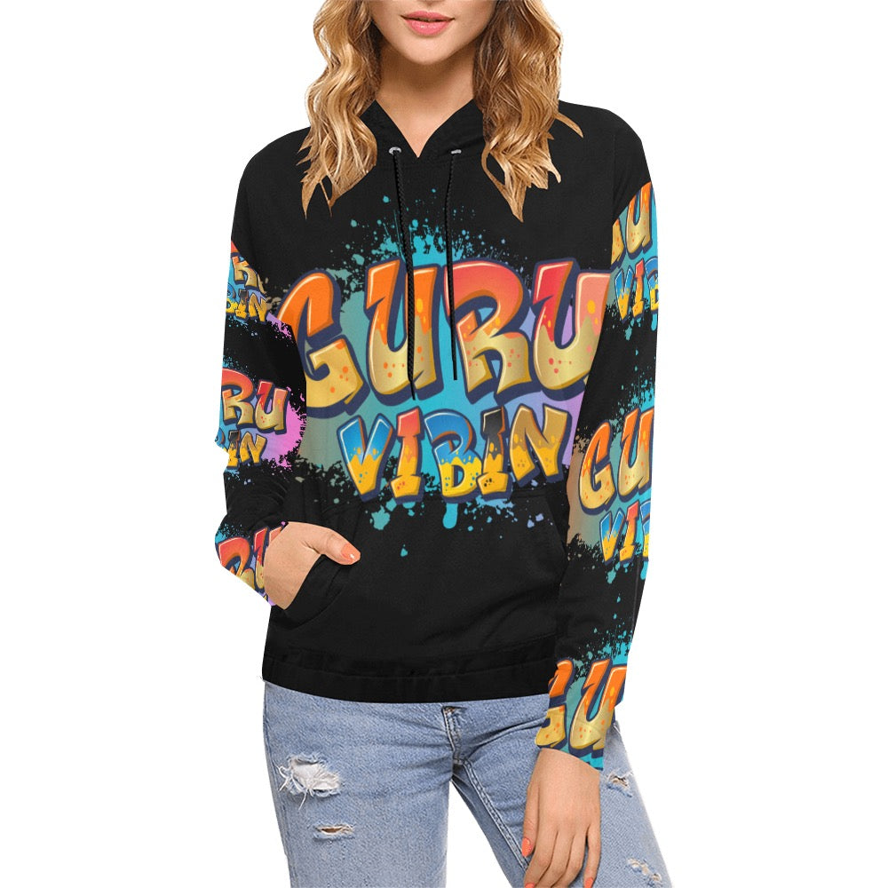 Black Guru Vibin All Over Print Hoodie for Women (USA Size) (Model H13)